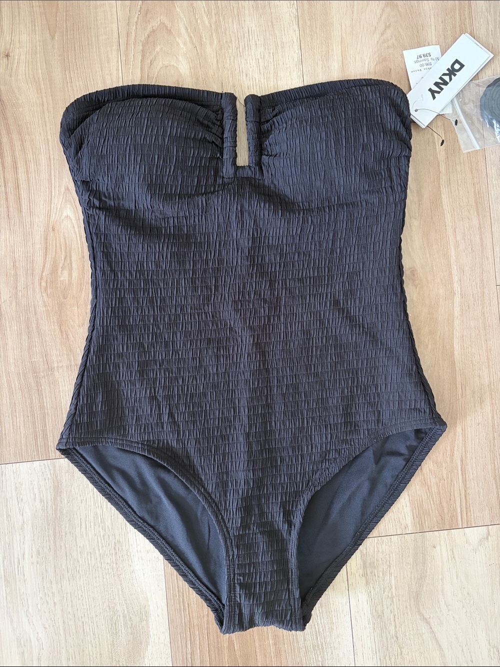 DKNY Black Strapless V-Notch Textured One-Piece Swimsuit